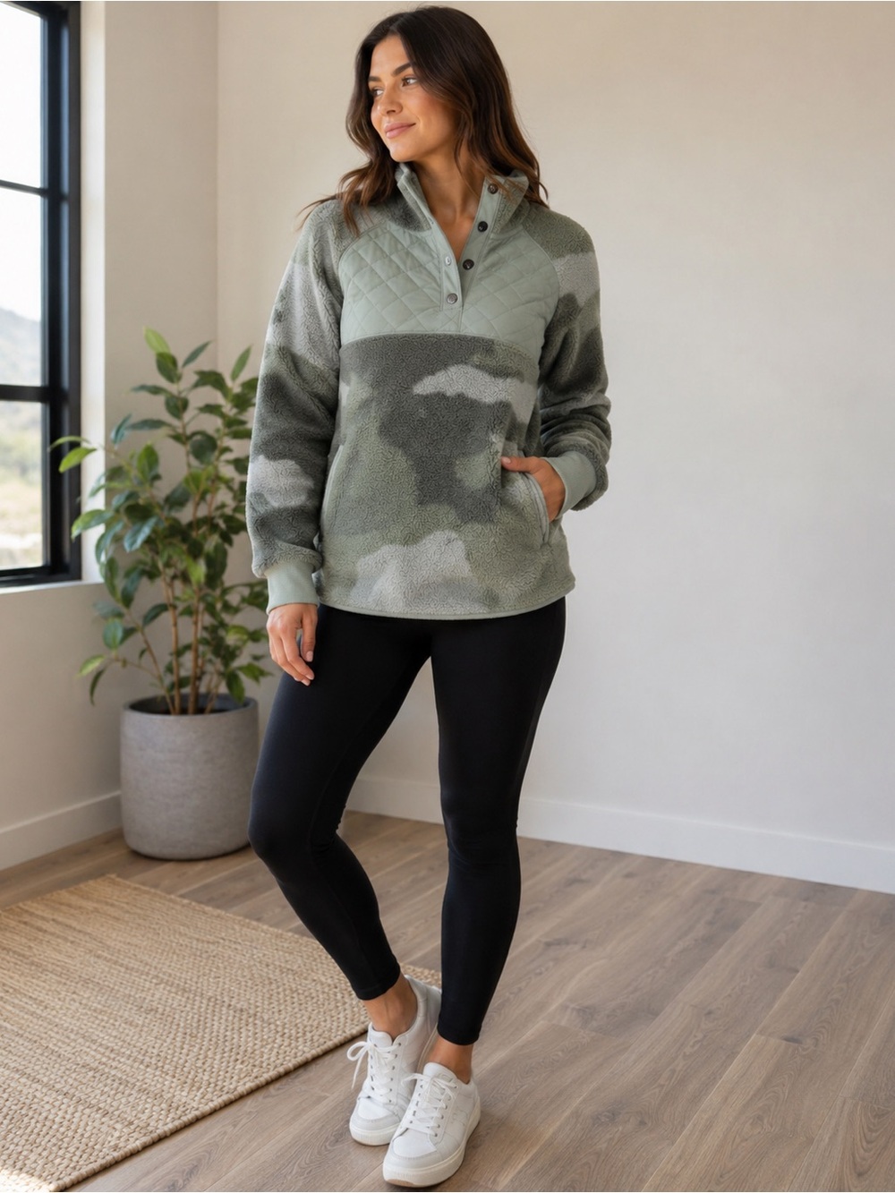 Abercrombie & Fitch Olive Green Camo Quilted Fleece Pullover